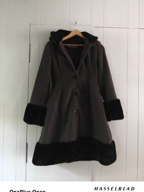 Dracula Clothing Wool Blend Hooded Coat with Faux Fur Trim - Charcoal/Black